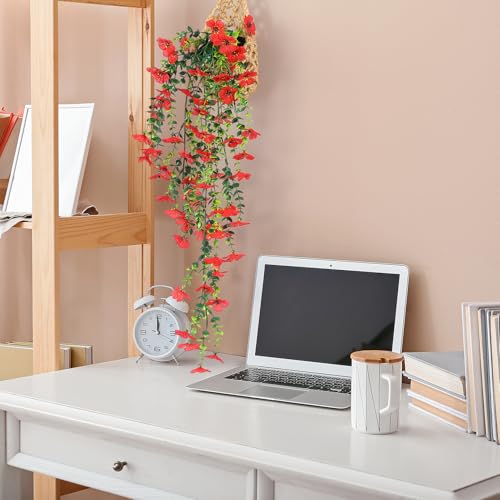 FAVOWREATH Fake Plants Hanging Artificial Potted Faux Eucalyptus Plants and Flowers for Modern Boho Farmhouse Bathroom Office Desk Wall Book Shelf Living Room Aesthetic Decor Indoor (Red) - color: Red