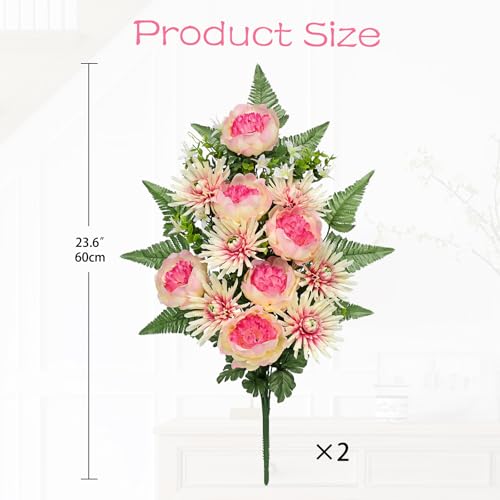 Briful Grave Flowers for Cemetery, 2PCS Sympathy Silk Spring Flowers Bouquet Artificial Mums Peony Funeral Outdoor Flowers Arrangement for Memorial Graveyard Headstones Vase Decor - color: Pale Pink