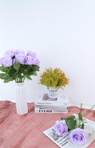 JUSMAI 12pcs Lavender Roses Artificial Flowers Lliac Roses Purple Roses Fake Roses Flowers with Long Stems Silk Flowers for Wedding Bouquet Centerpices Decorations Party Bridal Baby Shower - color: Lavender, size: 12PCS