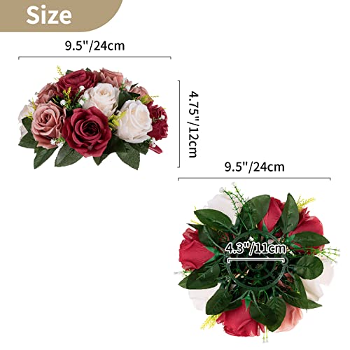 NUPTIO Artificial Flower Centrepieces for Tables - 2 Pcs Burgundy & Dusty Rose & Creamy White Fake Flowers Roses Balls 9.5in Diameter - Silk Faux Rose Arrangement for Wedding Party Table Decor - color: Burgundy & Dusty Rose & Creamy White, size: 2 Pcs