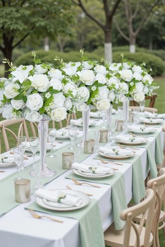 2pcs 15inch Centerpieces Table Decorations White & Green Artificial Flowers Roses Balls for Wedding Centerpiece Party Bouquet Faux Floral Arrangement (Without Stand) - color: 2pcs 15'' White Green