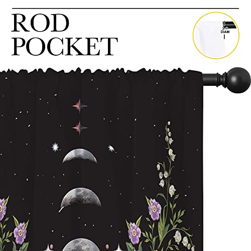 Boho Floral Flower Rod Pocket Blackout Curtains for Boy Girl Bedroom, Moon Phase Moonlit Garden Witchy Gothic Aesthetic Thermal Insulated Home Window Drapes for Living Room Darkening, 42x45 inch - color: Boho Floral Flower-001, size: 42"W x 45"L (Pack of