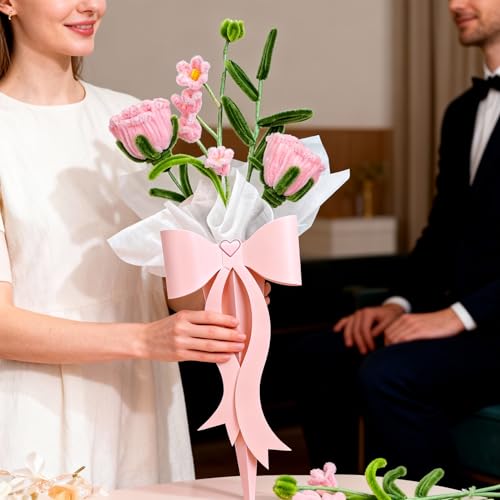 2PCS Valentines Day Gifts Finished Pipe Cleaner Roses,Handmade Pink Rose Bouquet with Bow Gift Box Ready-to-Gift Artificial Flowers for Valentine’s Day, Weddings, Birthdays, Party Decor - color: Rose