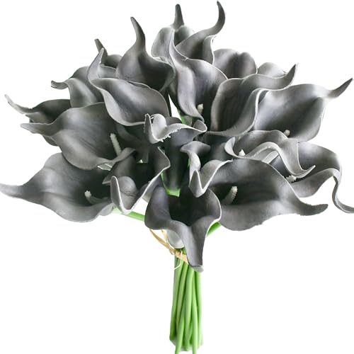 Mandy's 20pcs Dark Grey Calla Lily Artificial Flowers | 13.5 Inch PU Realistic Bouquet for Vase Elegant Home Decor Centerpiece Wedding Bridal Bouquet Table Decoration - color: Dark Grey