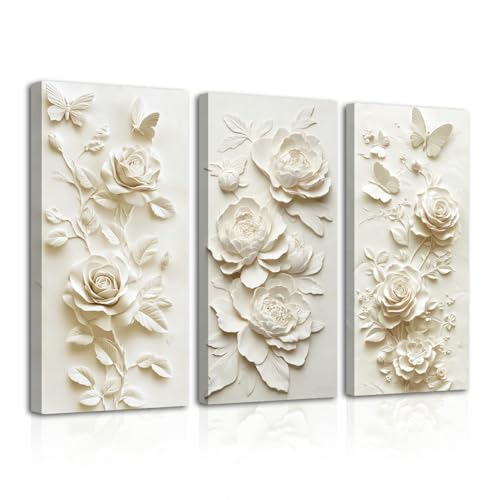 SWQYLB 3 Panel Flower Wall Art 3D Relief Floral Canvas Painting Abstract Butterfly & Rose Pictures Prints White & Beige Textured Decor for Home Framed (Gold, 24x12inchx3 Pieces) - color: Gold, size: 24x12inchx3 Pieces