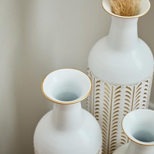 Metal Floor Vases Decorative, Set of 3 Flower Arrangement Stand, Tall Gold＆White Metal Floor Vases for Living Room, Bedroom & Entryway, 33.4", 28.74", 24.1" H (White＆Gold) - color: White＆gold