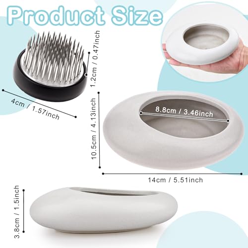 Folmywy Ikebana Flower Frog Vase Kit Japanese Flower Arrangement with 1.57 Inch Kenzan Ceramic White Pebble Shaped Bowl for Ikebana Teaching Aids Art Supplies Home Decor (5.51x4.13in) - color: White