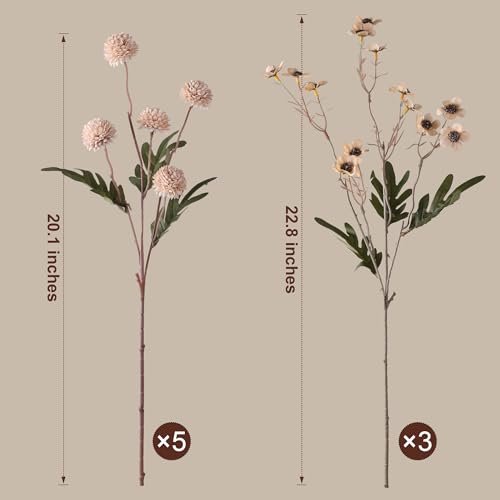 HyeFlora Fake Kiku Flowers, Faux Silk Pompon Mums Artificial Flowers, Chrysanthemum Stems Floral Arrangement Dried Flowers Vintage Decorative Indoor Home Decor Beige with Wax (Vase not Included) - color: 8pcs-beige Wax&kiku
