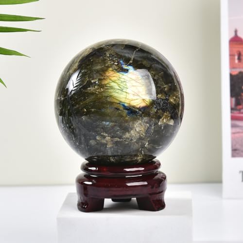 Labradorite Crystal Ball with Stand Large Crystals Sphere Decorative Ball Meditation Witchcraft Home Decor 80-90mm/3.1-3.5" - color: Labradorite, size: 3.1 - 3.5 inches