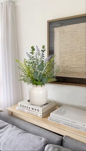 Artificial Eucalyptus & Lavender Arrangement in Ceramic Vase - 15.4" Faux Lavender Fern Leaves Plant Decor Fake Flowers Artificial Greenery in White Vintage Vase for Centerpieces Home Kitchen Decor - color: Purple
