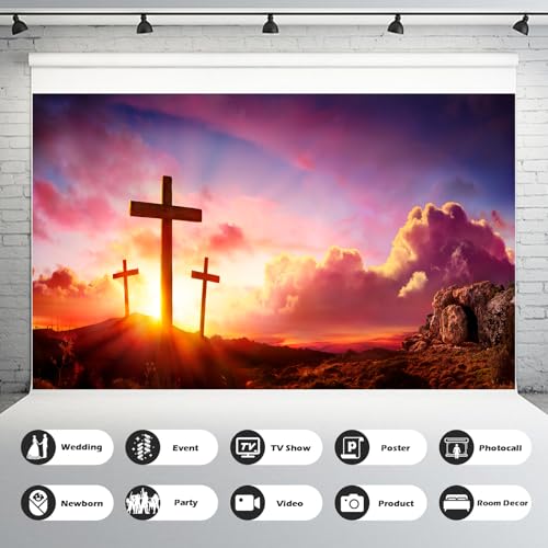 Jesus Christ Cross Backdrop Three Crosses On Mountain Sunrise Sunset Photography Background Jesus Crucifixion Resurrection Backdrop Sepulcher Lord Pray Christmas Easter Church Backdrops 5x3ft - color: Red_Blue, size: 5x3ft