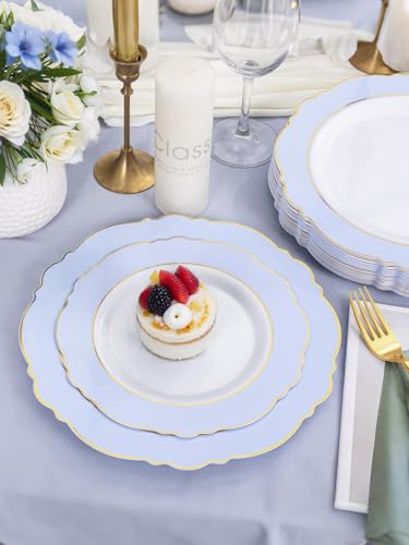 WDF 60pcs Blue Plates Disposable With Gold Rim - Baroque Baby Blue Plastic Party Plates for Wedding/Party/Baby Shower/Spring - color: Blue and Gold, size: 60PCS