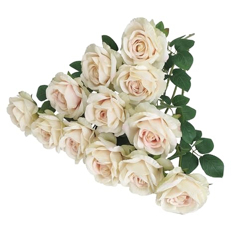 ATFL Fake Roses Artificial Flowers Bulk,Floral Diameter 4'',20 Pcs Artificial Silk Roses Flowers with Stems for Wedding Arrangement Centerpieces Party Home Table Decorations (20, Champagne) - color: Champagne