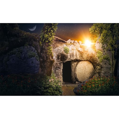 Empty Stone Tomb Photography Backdrop Crucifixion of Jesus Christ Holy Lights Cross Background God Bless Jesus Christian Pray Easter Background Church Sanctuary Backdrop Banner Decors 5x3ft - color: Black_Green, size: 5x3ft