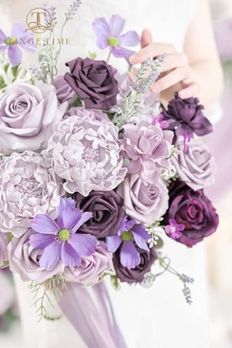 TINGE TIME 11 Inch Wedding Bouquets for Bride, Lavender&Plum Artificial Flowers Bouquet, Brides & Bridesmaids Bouquet for Wedding Anniversary Ceremony Bridal Shower Decorations - color: Lavender & Plum