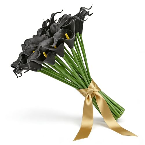 Calla Lily Bridal Wedding Festival Decor Bouquet Real Touch Latex Flower Bouquet Pack of 20 (Black) - color: Black