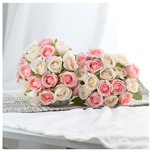 ZMZQ&flw 36PCS Roses Artificial Flowers Pink&Cream, Silk Flowers with Stems Fake Flowers Bouquet for Outdoor Bridal Wedding - color: Pink&white 36pcs
