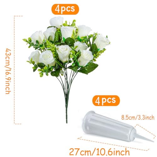 XONOR Artificial Cemetery Flowers, Set of 2 Artificial Rose Bouquet Grave Memorial Flowers with Vase for Cemetery Headstones Decoration (White, Set of 4) - color: White-4pcs