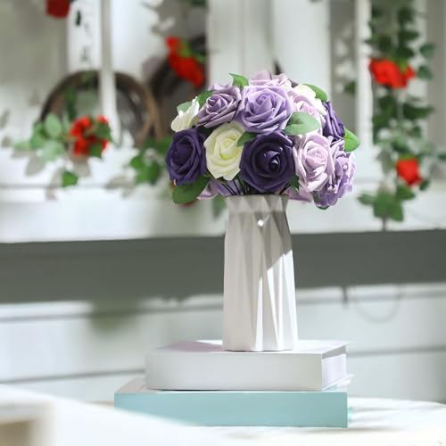 50 Pcs Artificial Foam Rose Flower Faux Bouquet Wedding Fake Rose Gift for Mother's Day Women DIY Bridal Shower Party Table Birthday Home Spring Decor (Shades of Lavender) - color: Shades of Lavender