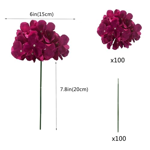 WEISPARK 100PCS Artificial Hydrangea Flowers, Fake Flowers Silk Hydrangea Full Flowers Heads with Stems for Wedding Home Party Shop Baby Shower Decor (Fuchsia) - color: Fuchsia