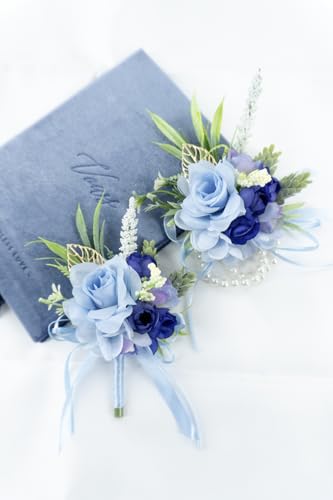 2 Pcs Wrist Corsage and Boutonniere Set, Blue Corsage for Wedding, Boutonniere for Men Artificial Rose Flower Wristlet Bracelet Prom Ceremony Anniversary Accessories Decor Suit - color: Blue