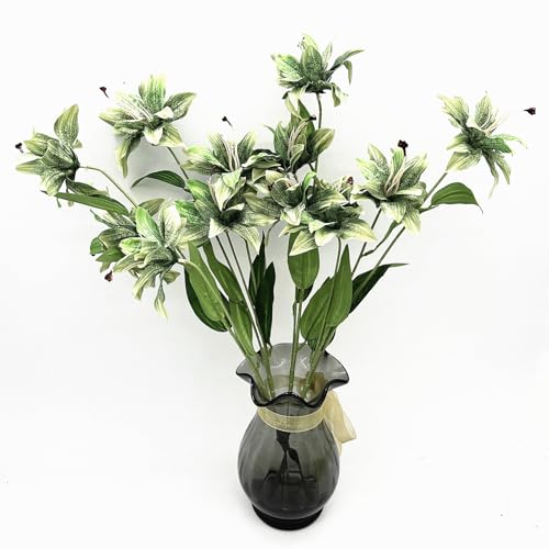 Artificial Silk Flowers Fake Lily Flower Long Stems Stargazer Lilies 4 Pack, Faux Tiger Bouquets with Full Bloom Floral Real Touch Plants for Home Kitchen Decor Wedding Party Hotel Decoration - Green - color: Lily Silk Flowers / Green 4 Pack