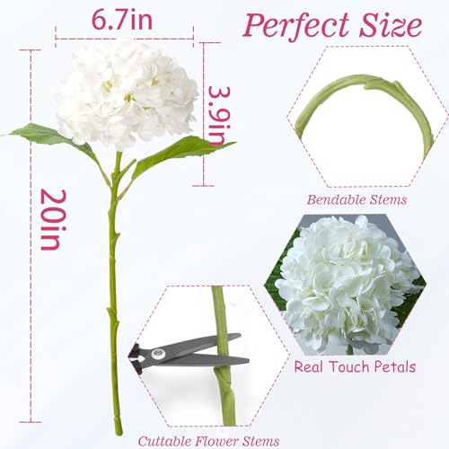 20" 4Pcs White Faux Hydrangea Flowers Real Touch Fake Hydrangeas Bouquet Hydrangea Artificial Flowers with Leaves Stems for Centerpiece Arrangements Wedding Party Home Décor - color: White