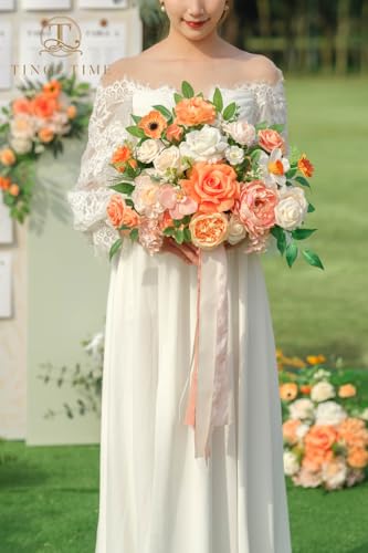 TINGE TIME 11 Inch Wedding Bouquets for Bride, CoralPink&Champagne Artificial Flowers Bouquet, Brides & Bridesmaids Bouquet for Wedding Anniversary Ceremony Bridal Shower Decorations - color: Coral Pink & Champagne