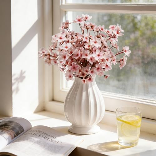 Tinsow Artificial Cherry Blossom Branches, 6 Pcs Fake Peach Flowers Stems Silk Flower for Spring Table Centerpiece Wedding Home Decor (6, Pink) - color: Pink