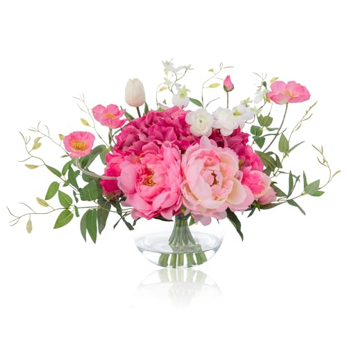 Artificial Flowers in Vase, WELL KNOWN Silk Hydrangea Bouquet and Peonies Artificial Flowers Table Centerpieces with Faux Water for Home Decor Fake Tulips Flower Arrangements for Table Decor (Fuchsia) - color: Mix Peony-fuchsia