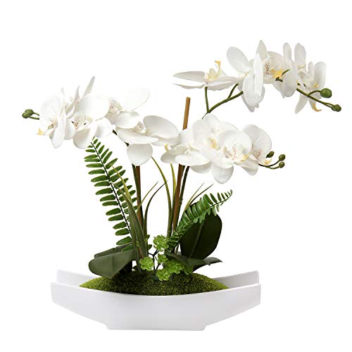 Briful Orchids Artificial Flowers 15" Large Fake Orchid White Phalaenopsis Orchid Flower Arrangements with Vase Faux Orchid for Home Living Room Table Centerpiece Office Table Decor - color: White#4