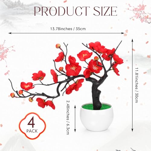 Suncalla 4 Pack Artificial Red Plum Blossom Fake Bonsai, Silk Flower Arrangement with Flower Pot, Cherry Blossoms Decor for Hibachi Party Chinese Japanese Asian Theme Party Supplies (Lateral) - style: Lateral