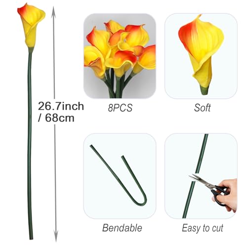 8 Pcs Calla Lily Artificial Flowers 26 Inch Lilies Flowers Floral Bouquet for Home Table Party Wedding Decor (Orange) - color: Orange