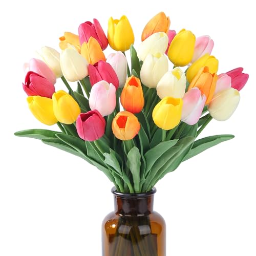 SITUMEIZI Fake Flowers Tulips Artificial PU Flower 15pcs Real Touch 14" for Spring Easter Home Kitchen Wedding Bouquet Bulk Mother's Gift Day Decorations(Multicolor,5-1) - color: Rose Red,sunset Red,beige,light Pink,yellow