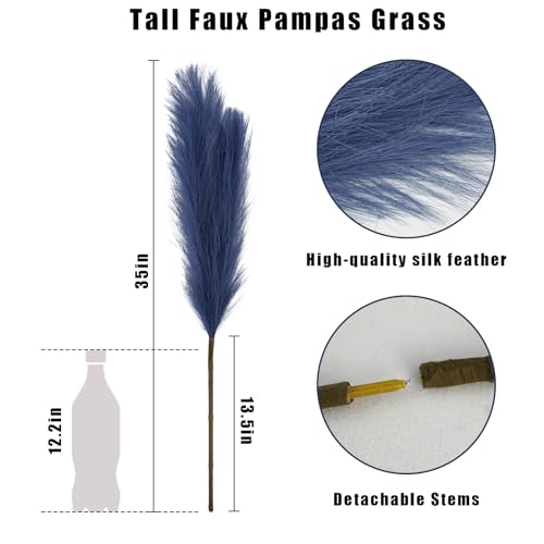 obbsie 35" Faux Pampas Grass Decor, 8pcs Large Tall Fluffy Artificial Pompous Grass Branches Floral Fake Pompas Grass Bulrush Floor Vase Filler Flower Arrangement for Home Wedding Boho Decor - Blue - color: Blue, size: 8 PCS