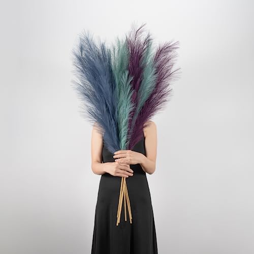 Pampas Grass Decor Tall, 43"/110cm Faux Pampas Grass 6 Stems Large Pompass Grass Branches Tall Bulk Boho Flower Arrangement for Home Room Wedding Party Decor - color: Lake Green& Deep Purple& Peacock Blue
