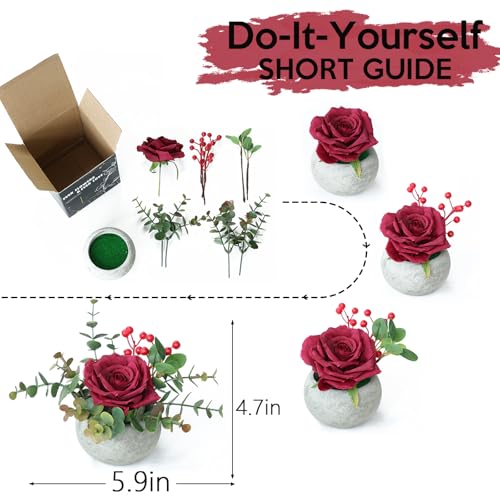 mizii DIY Small Artificial Flowers Potted Kit Fake Flower Realistic Silk Rose and Greenery with Vase for Gifts Table Centerpiece Mantle Office Desk Shelves Living Room Decorations (Burgundy) - color: Burgundy