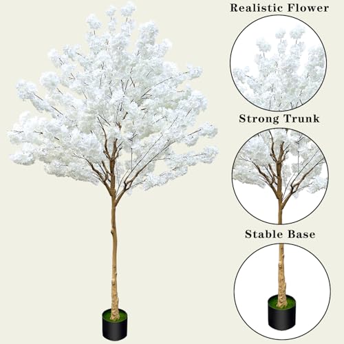 Artificial Cherry Blossom Tree 8.5ft, White, Fake Cherry Tree for Wedding, Home, Office, Living Room, Indoor/Outdoor Decor - color: White 8.5ft
