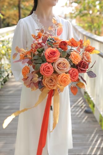 rongflower Orange Artificial Flowers Combo Box Set Fall Silk Flowers Fake Rose for DIY Floral Arrangements Wedding Bouquets Centerpieces Baby Shower Party Home Decorations - color: Rustic Terracotta Orange