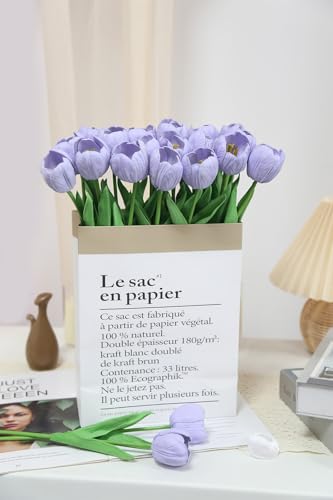 20pcs Real Touch Artificial Tulips Flowers Blue Fake Tulips for Wedding Spring Bouquet Floral Arrangement Valentine's Gift Mother's Day Home Easter Party Office Decorations (Blue) - color: Blue