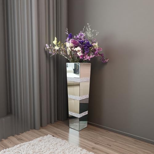 30" Large Crushed Diamond Floor Vases,Tall Mirrored Silver Crystal Vase, Floor Vases Decorative Tall for Home,Office,Hotel (8" L x 8" W x 30" H) - size: 8" L x 8" W x 30" H
