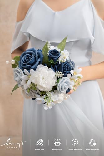 Ling's moment Artificial Bridesmaid Bouquets Set of 4,Navy Blue Wedding Flower Bouquets White Rose Floral Bouquet Bridal Bouquets with Ribbon Ceremony Anniversary,7-inch Diameter - color: Blu-white Blue & Navy
