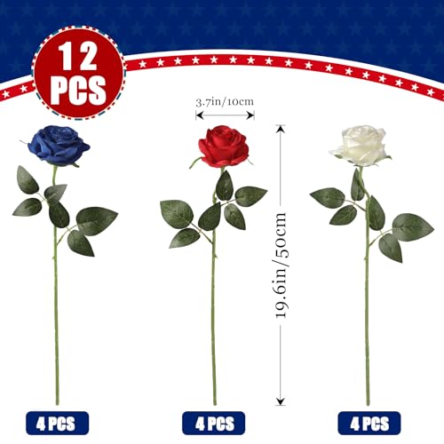 Hawesome 12PCS Artificial Silk Flowers Realistic Roses Bouquet Long Stem for Home Wedding Decoration Party (Red, White, Blue, 12Pcs Flowers) - color: Red, White, Blue, size: 12Pcs Flowers