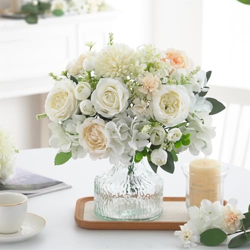 4 Pcs Mixed Artificial Peony Flowers Set-2 Bouquets & 2 Stems, Small White Fake Peony Rose Hydrangea Flower for Vase Silk Floral Arrangements for Table Centerpiece Wedding Home Party Bridal Decoration - color: White, size: Mixed 4pcs