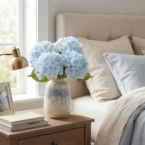 XunYee 4 Pcs Hydrangea Artificial Flowers 20 Inch Blue Faux Hydrangea Flowers with Long Stem Realistic Fake Hydrangeas Arrangements Wedding Bouquet Table Centerpieces Home Indoor Decor - color: Blue