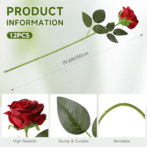 Tifuly 12pcs Red Roses Artificial Flowers,Realistic Long Stem Fake Silk Roses Bouquet for Party Home Wedding Centerpiece Office DIY Decor（Burgundy） - color: Burgundy Red