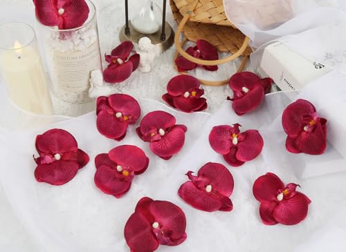 Red Flowers Artificial Orchids Heads 15PCS Faux Orchid 3.35" Fake Flower Heads Dark Red Artificial Flowers for Bridal Shower Wedding Centerpieces Home Decor (Red) - color: Red