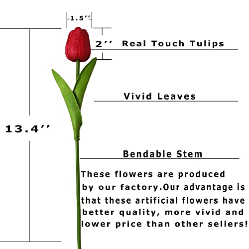 UKELER 24 Pcs Artificial Tulip Flowers Red Real Touch PU Tulips for Easter Spring Wreath Wedding Bouquets Table Centerpiece Floral Arrangement Memorial Day Cemetery Décor 13.5" - color: Red