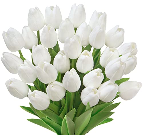Ouddy Decor 30 Pcs White Tulips Artificial Flowers Real Touch PU Faux Flowers Fake Tulips Stems for Spring Summer Bouquet Floral Room Table Party Wedding Easter Mothers Gifts Home Decorations - color: White
