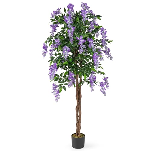 Goplus 5.5FT Ficus Artificial Tree, Faux Wisteria Tree in Nursery Pot with Blooming Flowers, Fake Potted Tree Greenery Floor Plant for Indoor Home Office Porch Living Room Decor - color: Purple, size: 5.5ft